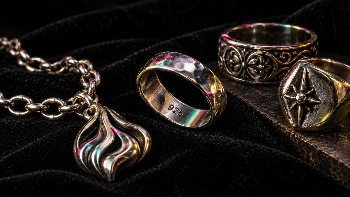 Macro photograph of sterling-silver rings, chains, and a pendant on black velvet, with a 925 stamp visible inside a ring.