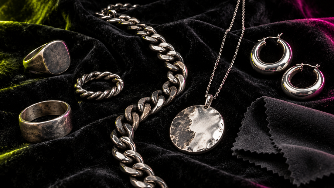 Tarnished and polished sterling-silver rings, chain, earrings, and pendant arranged across black velvet beside a jewelry polishing cloth.