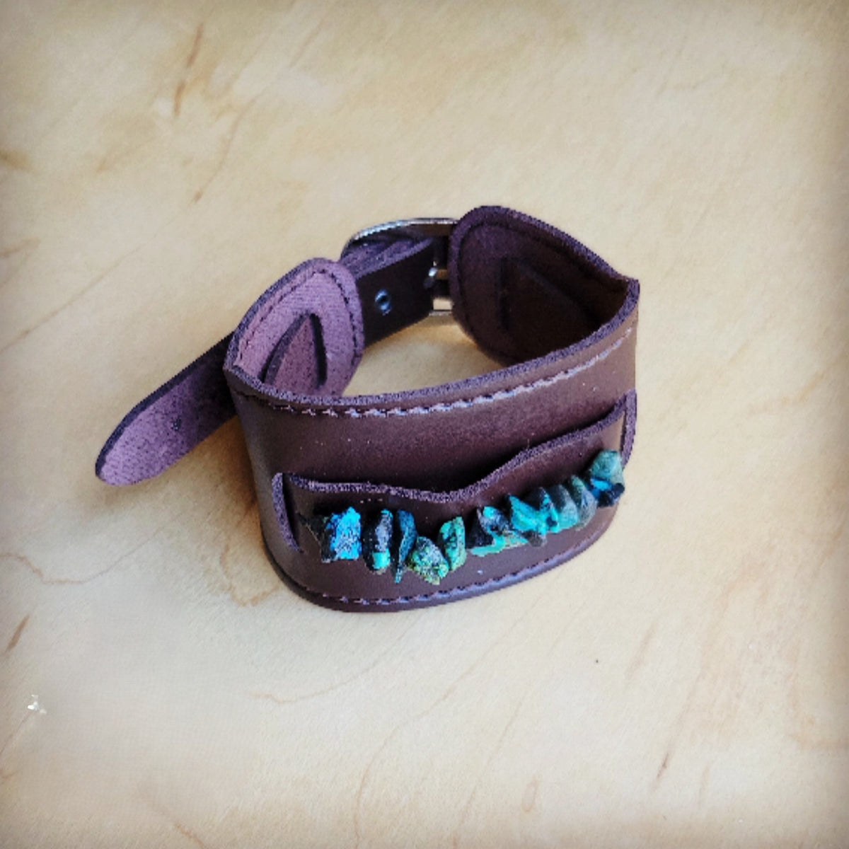 Natural Turquoise & Dark Leather Statement Cuff