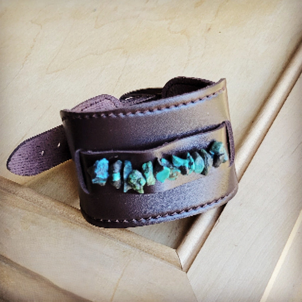 Natural Turquoise & Dark Leather Statement Cuff