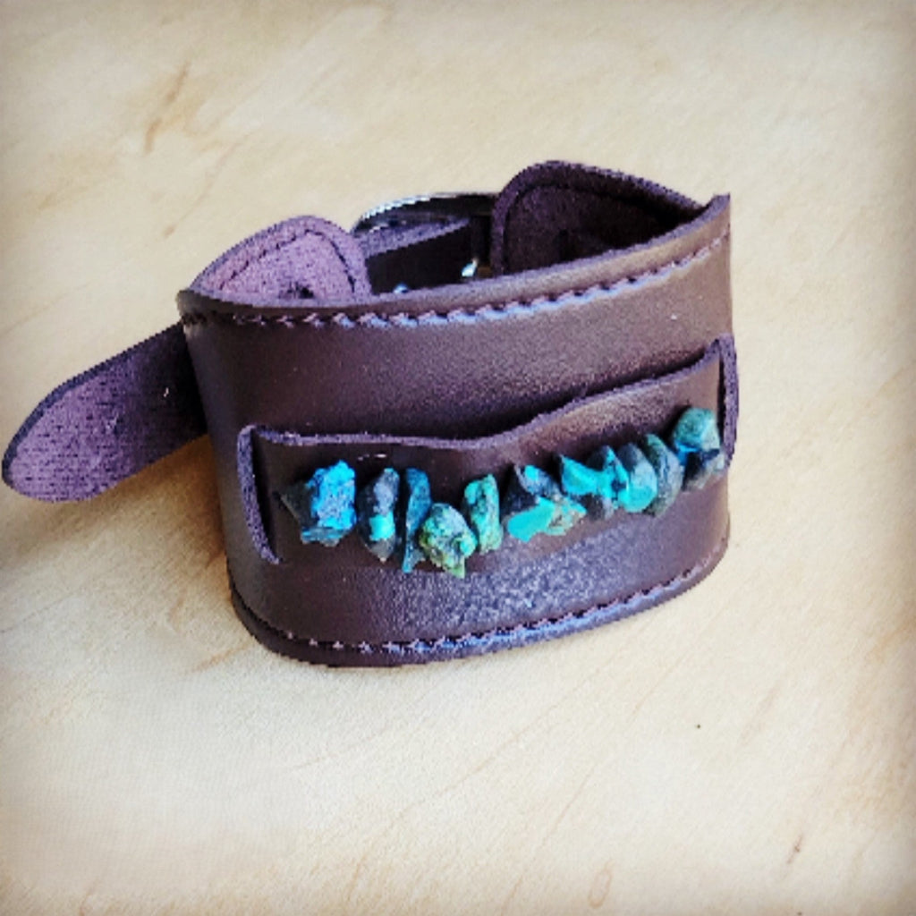 Natural Turquoise & Dark Leather Statement Cuff