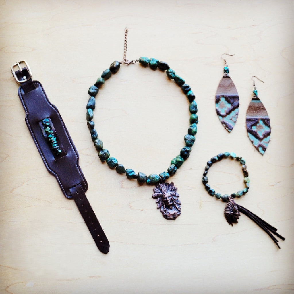 Natural Turquoise & Dark Leather Statement Cuff