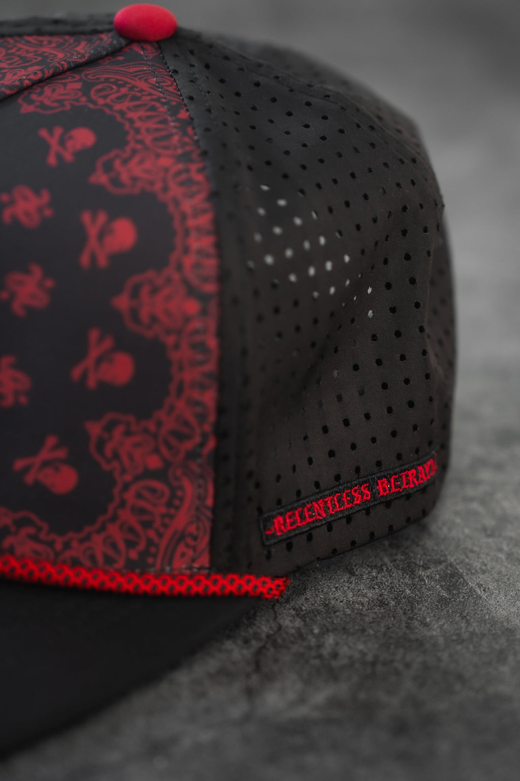 All Gas No Brakes Premium Snapback: black cap with red bandana-style print, skull patch and red rope trim, perforated side panel detail.