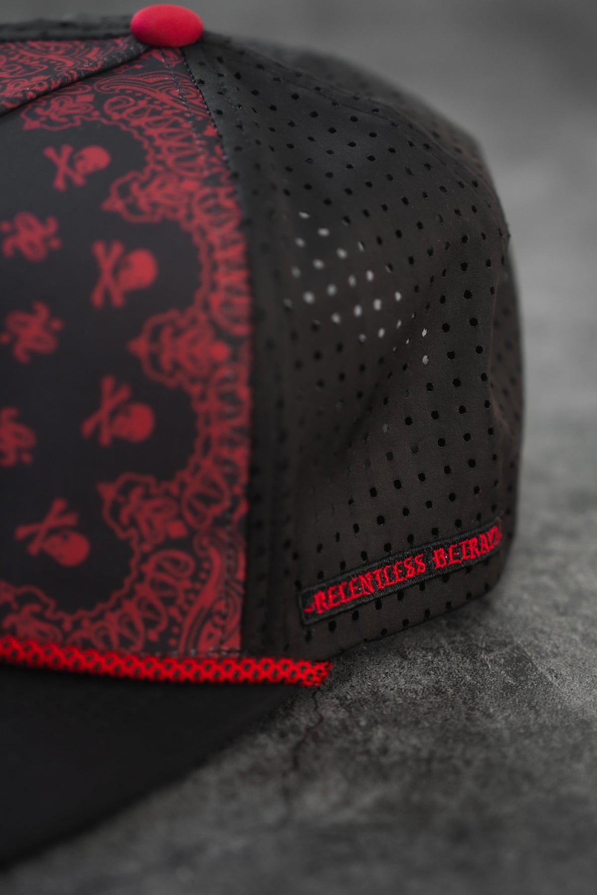 All Gas No Brakes Premium Snapback: black cap with red bandana-style print, skull patch and red rope trim, perforated side panel detail.
