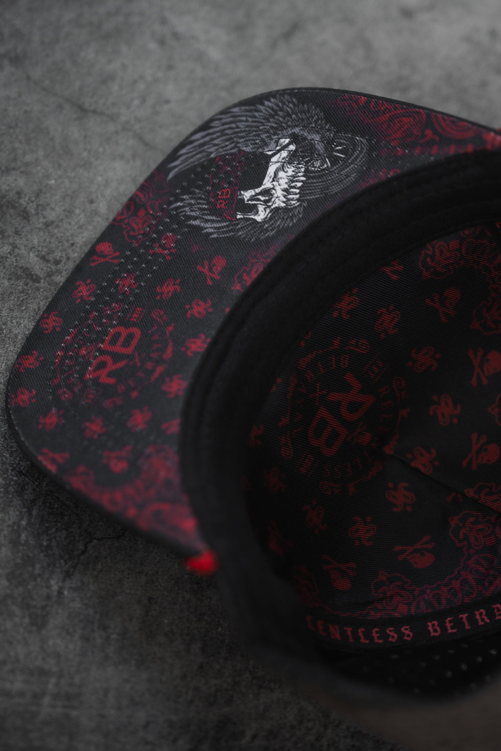 All Gas No Brakes Premium Snapback: black cap with red bandana-style print, skull patch and red rope trim, underside artwork detail.