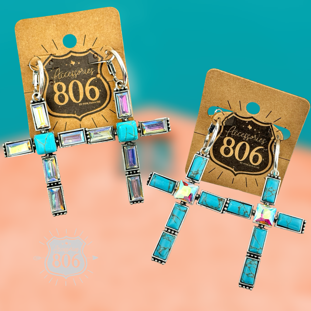 Turquoise and rhinestone cross earrings, both color options