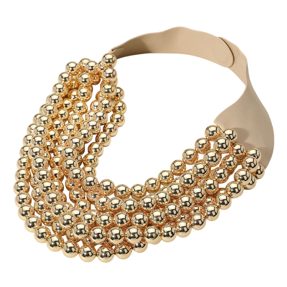 Chunky multi-strand beaded statement necklace shown in an additional colorway on a display form