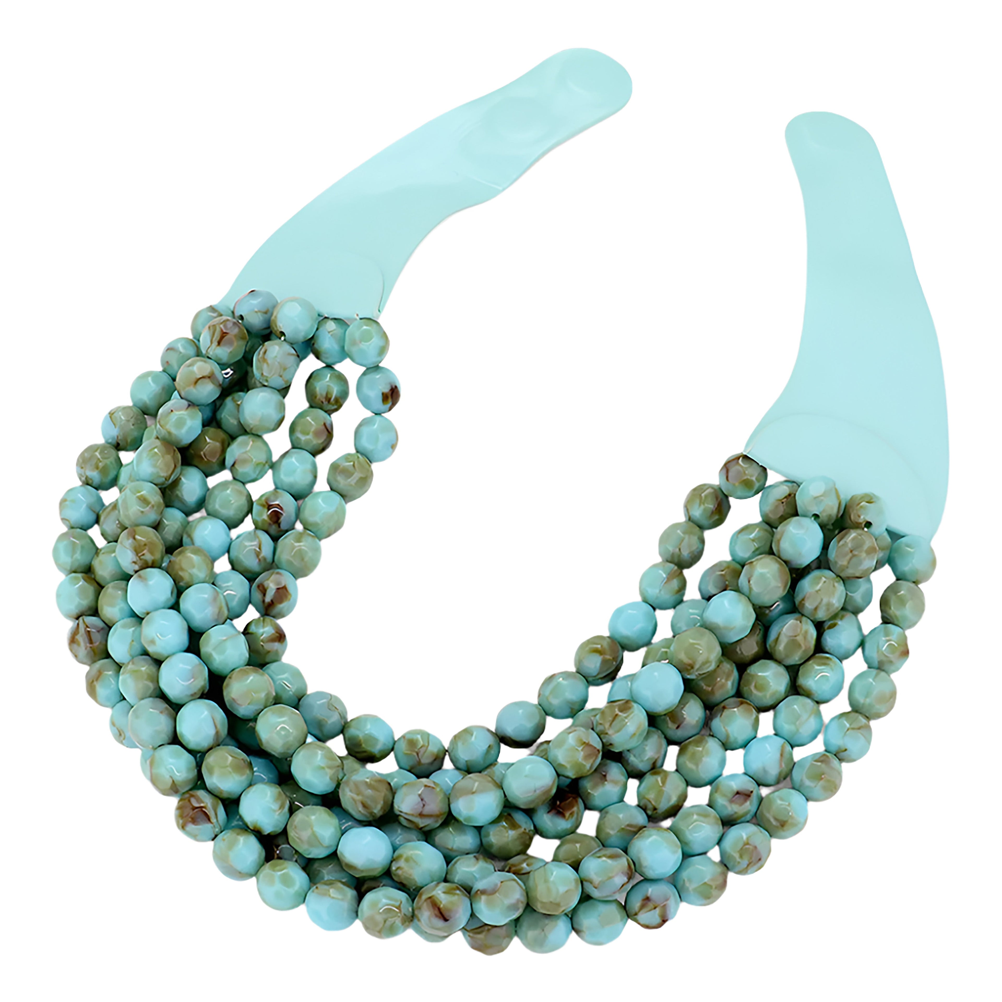 Turquoise multi-strand beaded statement necklace shown on a display form, speckled beads in blue and brown tones
