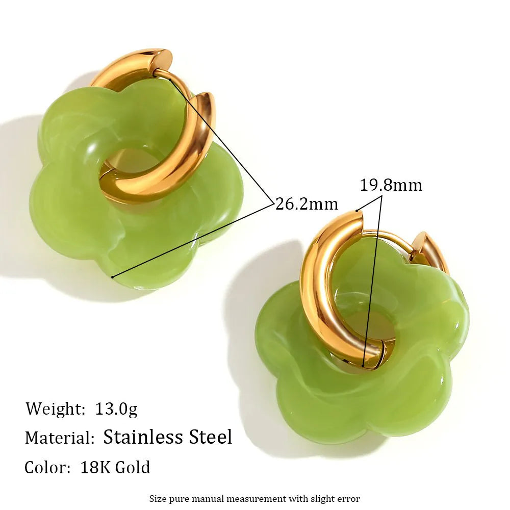 Avocado green resin flower hoop drop earrings