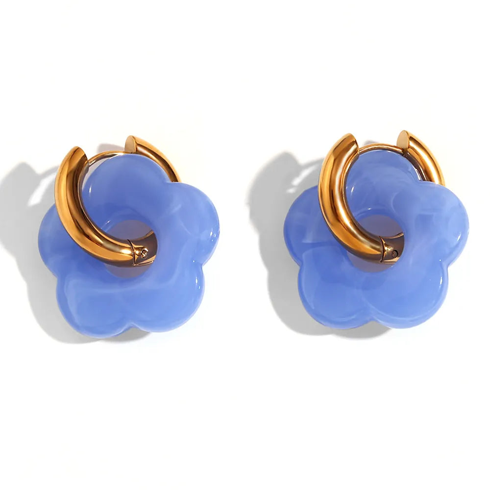 Blue resin flower hoop drop earrings