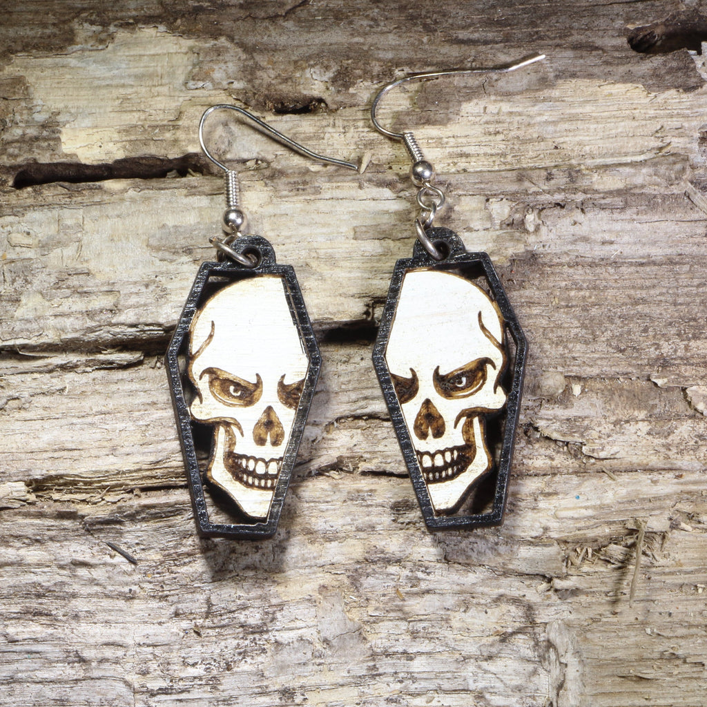 Skull Coffin Wooden Dangle Earrings