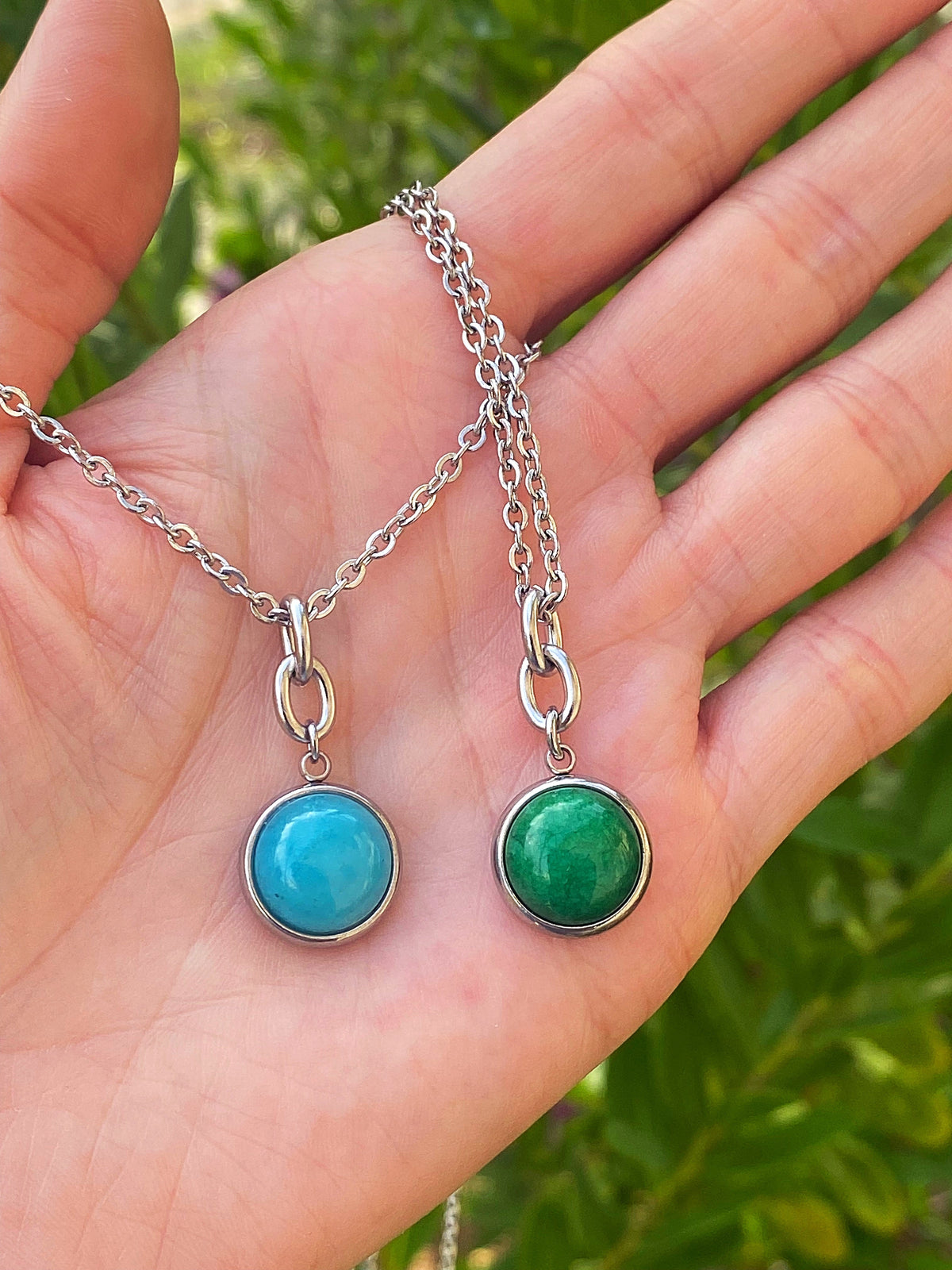 Additional product photo of the Layered Stone Charm Necklace showing the round stone pendant on a fine chain