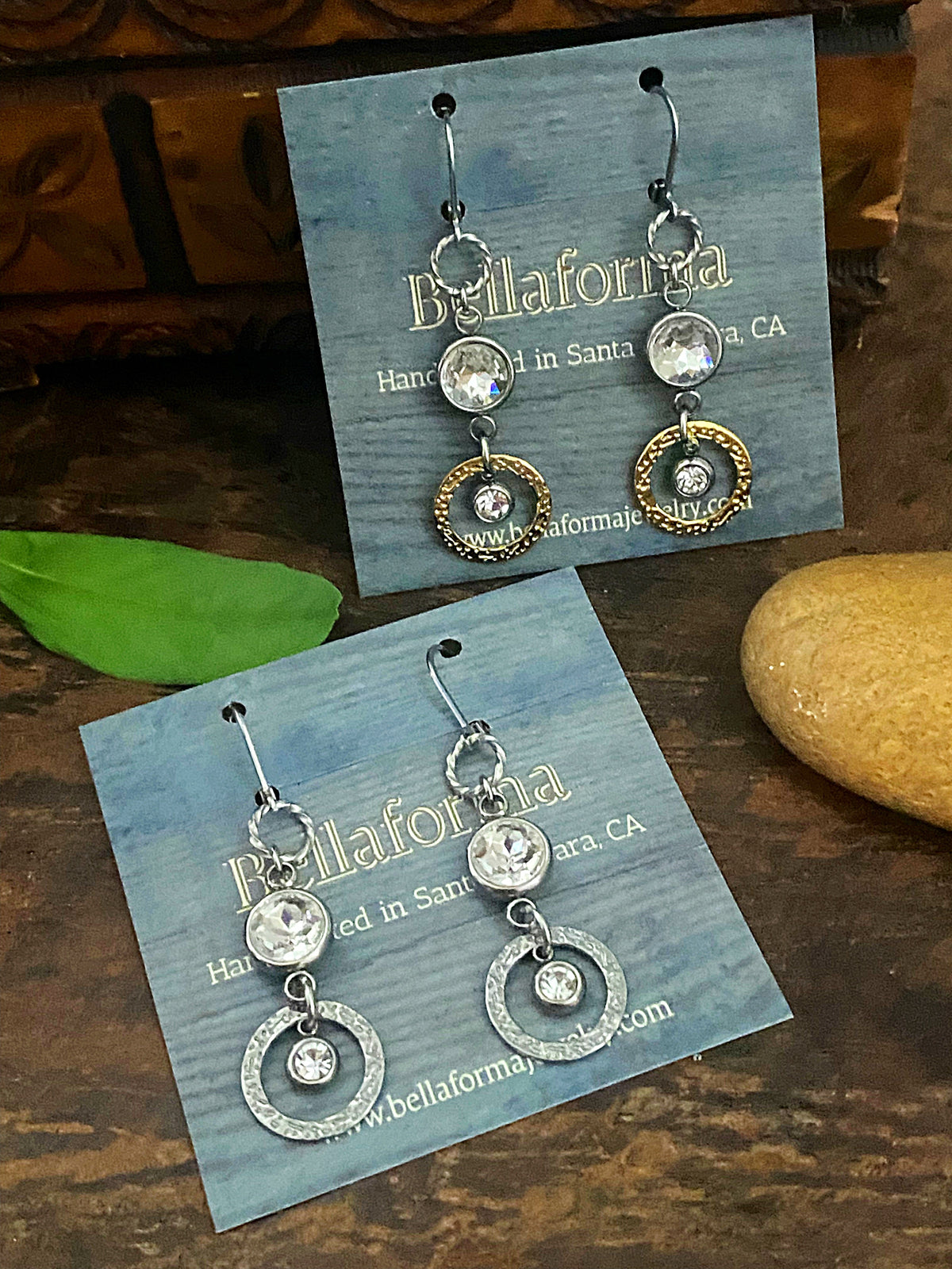 Venus Sunlight Rhinestone Drop Earrings on display cards