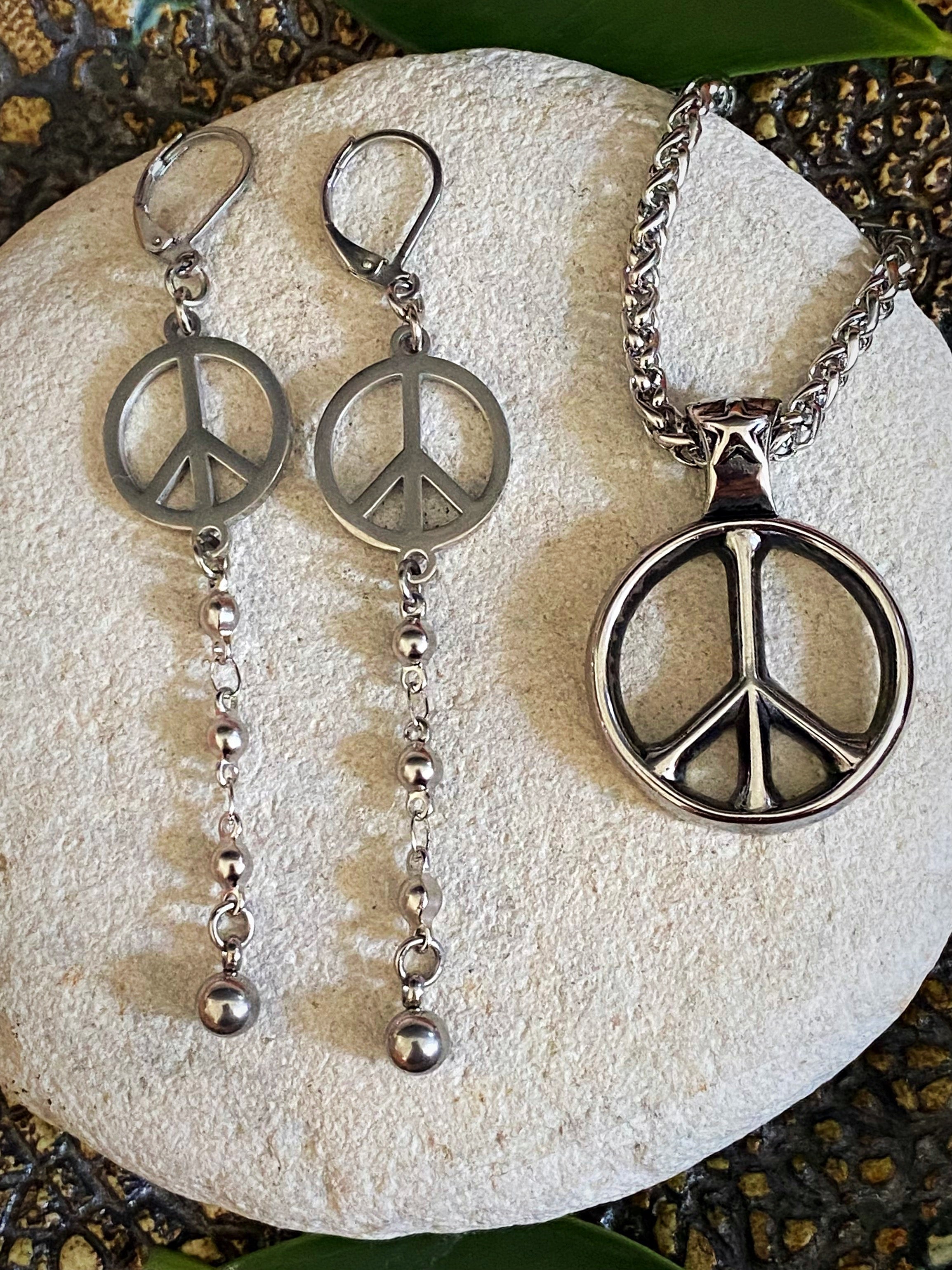 Additional product photo of the Peace Sign Drop Earrings showing the peace sign charm and beaded chain drop