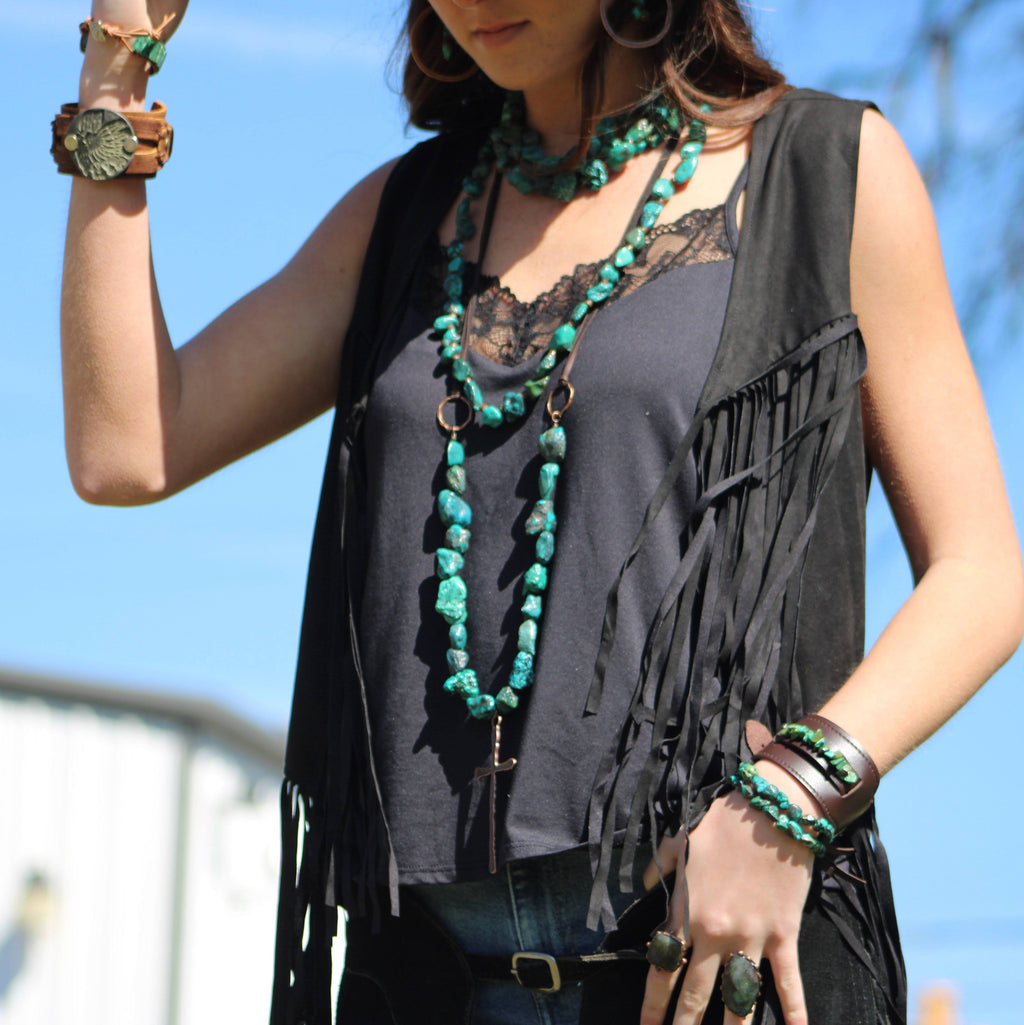 Natural Turquoise & Dark Leather Statement Cuff
