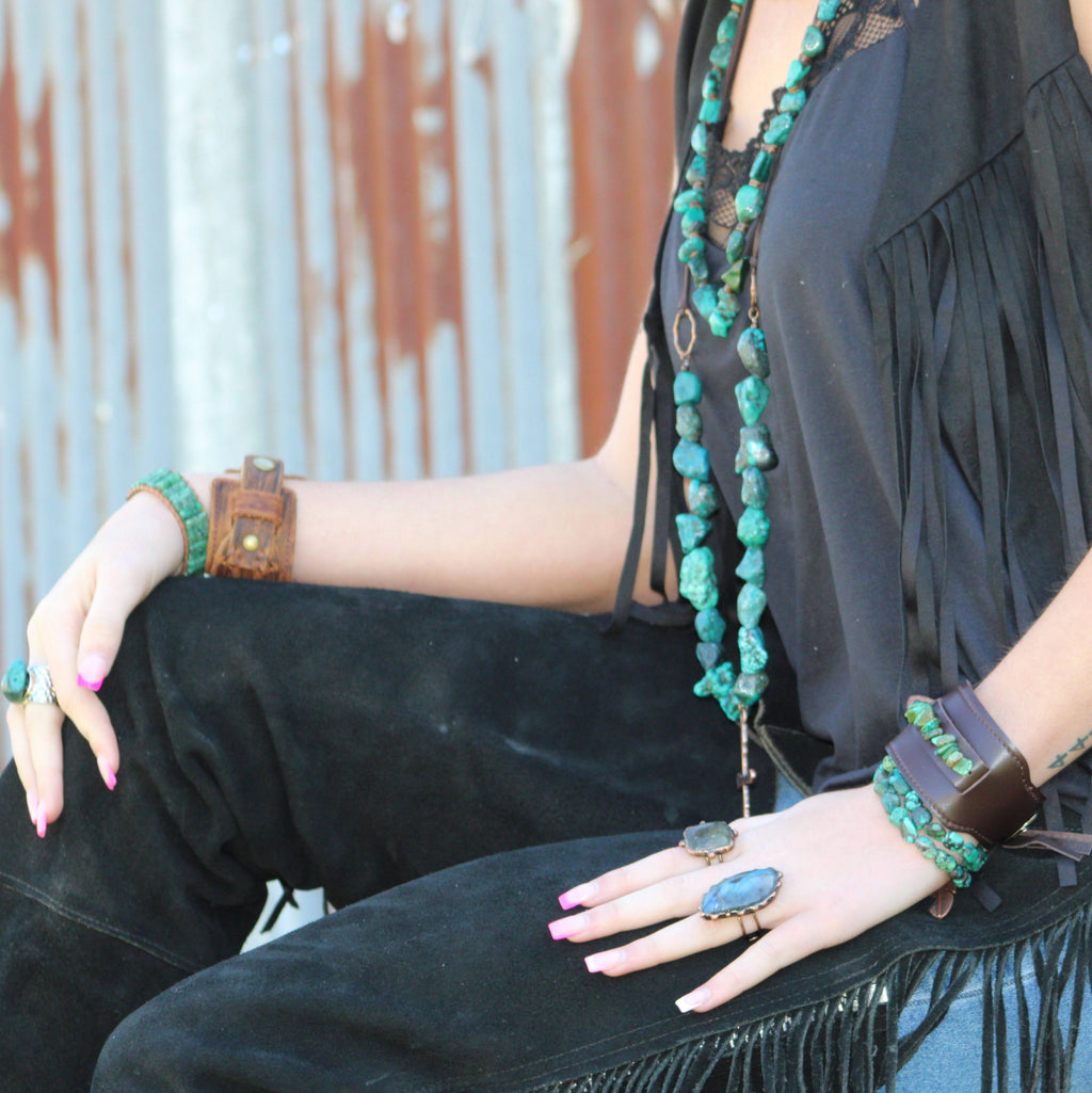 Natural Turquoise & Dark Leather Statement Cuff