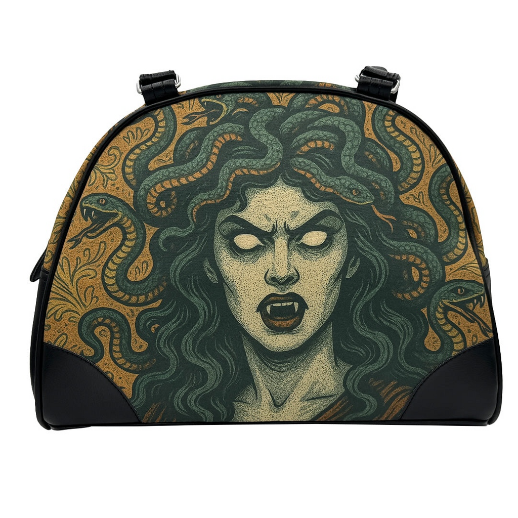Dopamine Alley Medusa purse featuring a bold Gorgon snake illustration on durable faux-leather with black trim.