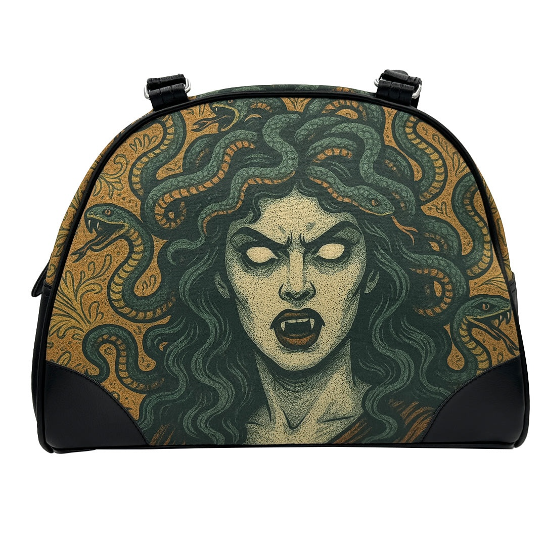 Dopamine Alley Medusa purse featuring a bold Gorgon snake illustration on durable faux-leather with black trim.