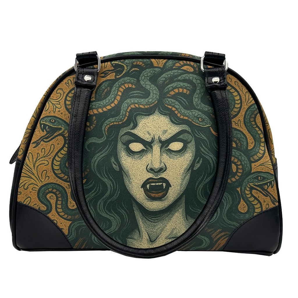 Dopamine Alley Medusa purse featuring a green and gold Gorgon snake print on durable faux-leather with black handles.