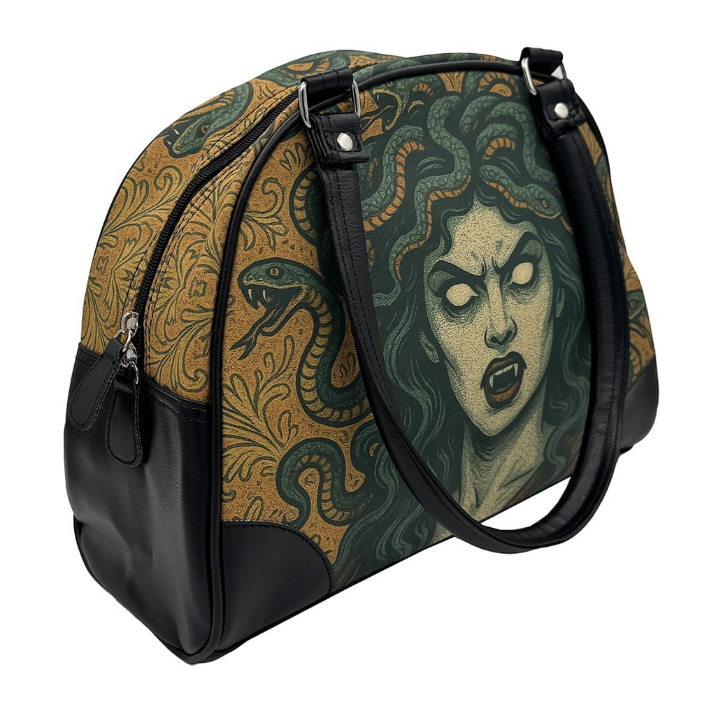 Dopamine Alley Medusa faux-leather handbag featuring a green and gold snake-haired Gorgon print and black trim.