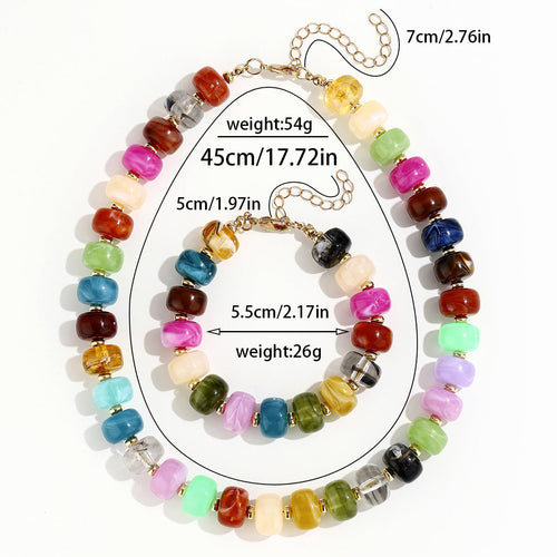 Size diagram for the Chunky Beaded Necklace & Bracelet Set showing necklace length (17.7 inches) and bracelet size (2.17 inches) with extender chains