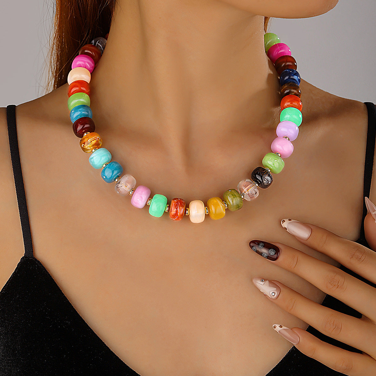 Additional product photo of the Chunky Beaded Necklace & Bracelet Set showing the multicolor marbled acrylic beads
