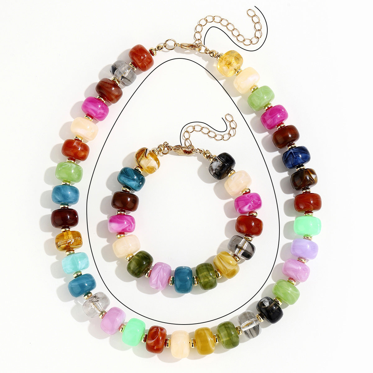 Additional product photo of the Chunky Beaded Necklace & Bracelet Set showing the multicolor marbled acrylic beads