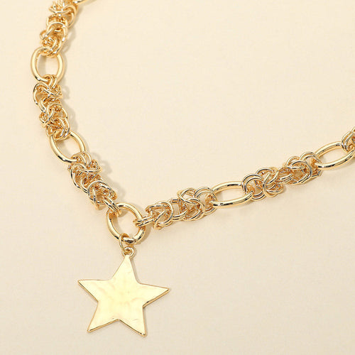 Close-up of the Chunky Chain Star Pendant Necklace in gold-tone, showing the mixed chain-link design and flat star charm