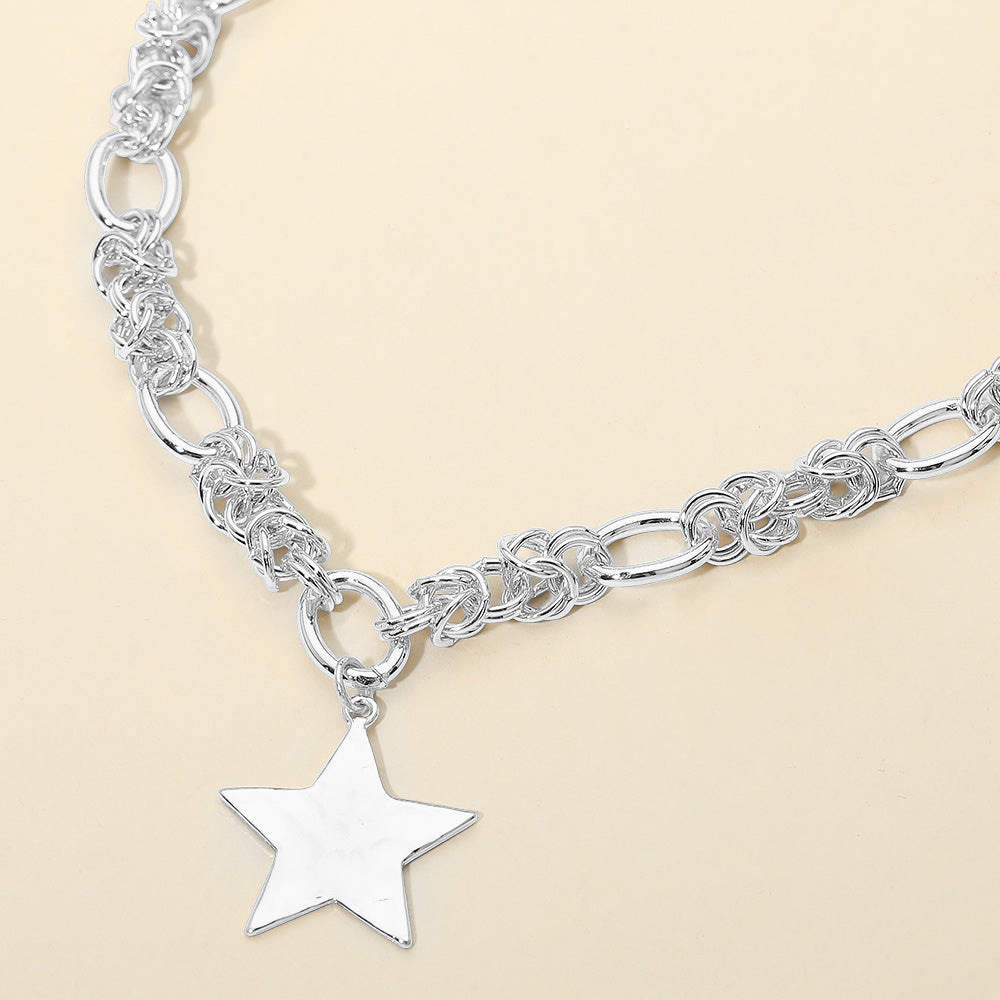 Close-up of the Chunky Chain Star Pendant Necklace in silver-tone (Rhodium), showing the mixed chain-link design and flat star charm