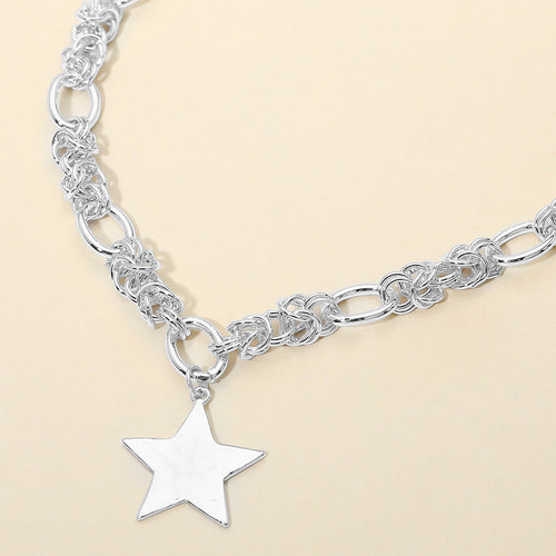 Close-up of the Chunky Chain Star Pendant Necklace in silver-tone (Rhodium), showing the mixed chain-link design and flat star charm