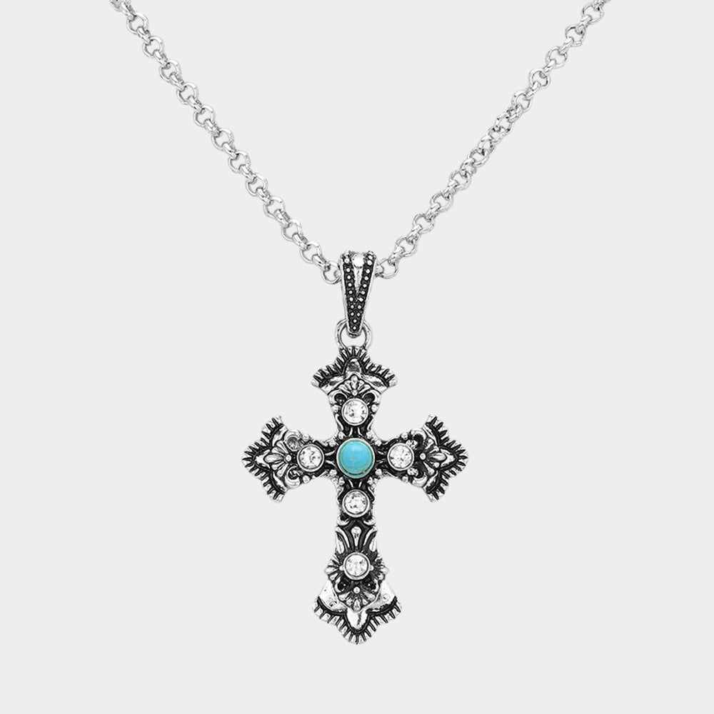 Western Turquoise-Tone Cross Pendant Necklace