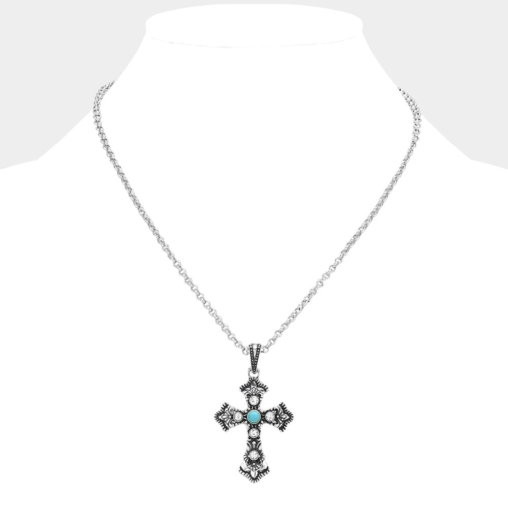 Western Turquoise-Tone Cross Pendant Necklace