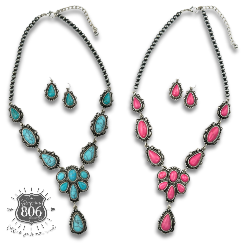 Turquoise-color and fuchsia-pink concho necklace and earring sets shown together on a white background