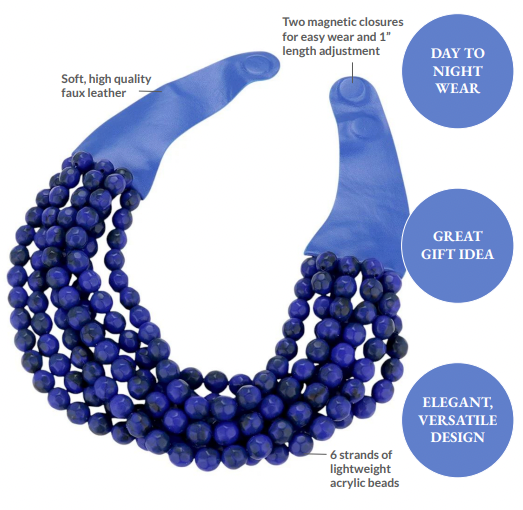 Chunky multi-strand beaded statement necklace shown in an additional colorway on a display form