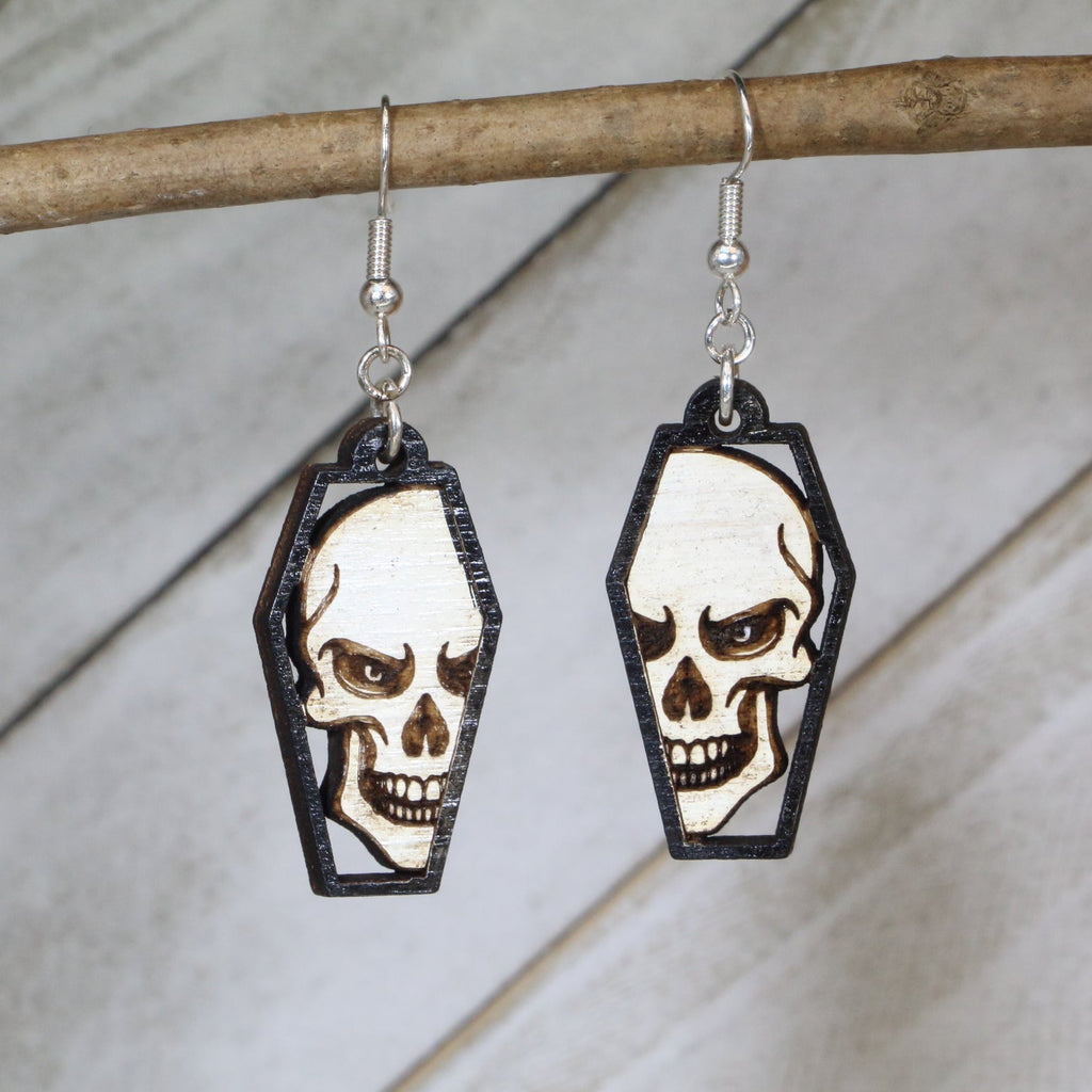 Skull Coffin Wooden Dangle Earrings
