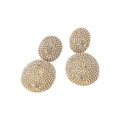 Dopamine Alley gold-tone statement drop earrings featuring two shimmering pavé crystal discs for formal occasions.