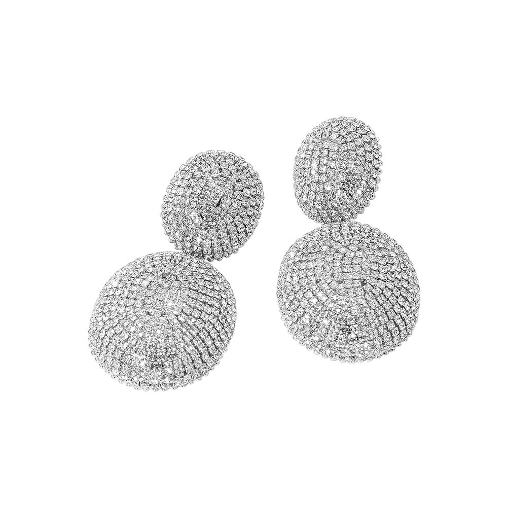 Dopamine Alley silver double-disc drop earrings encrusted with shimmering pavé crystals for formal occasions.