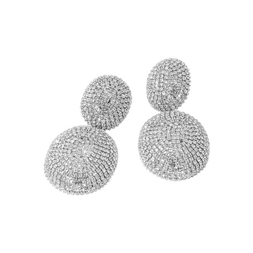 Dopamine Alley silver double-disc drop earrings encrusted with shimmering pavé crystals for formal occasions.