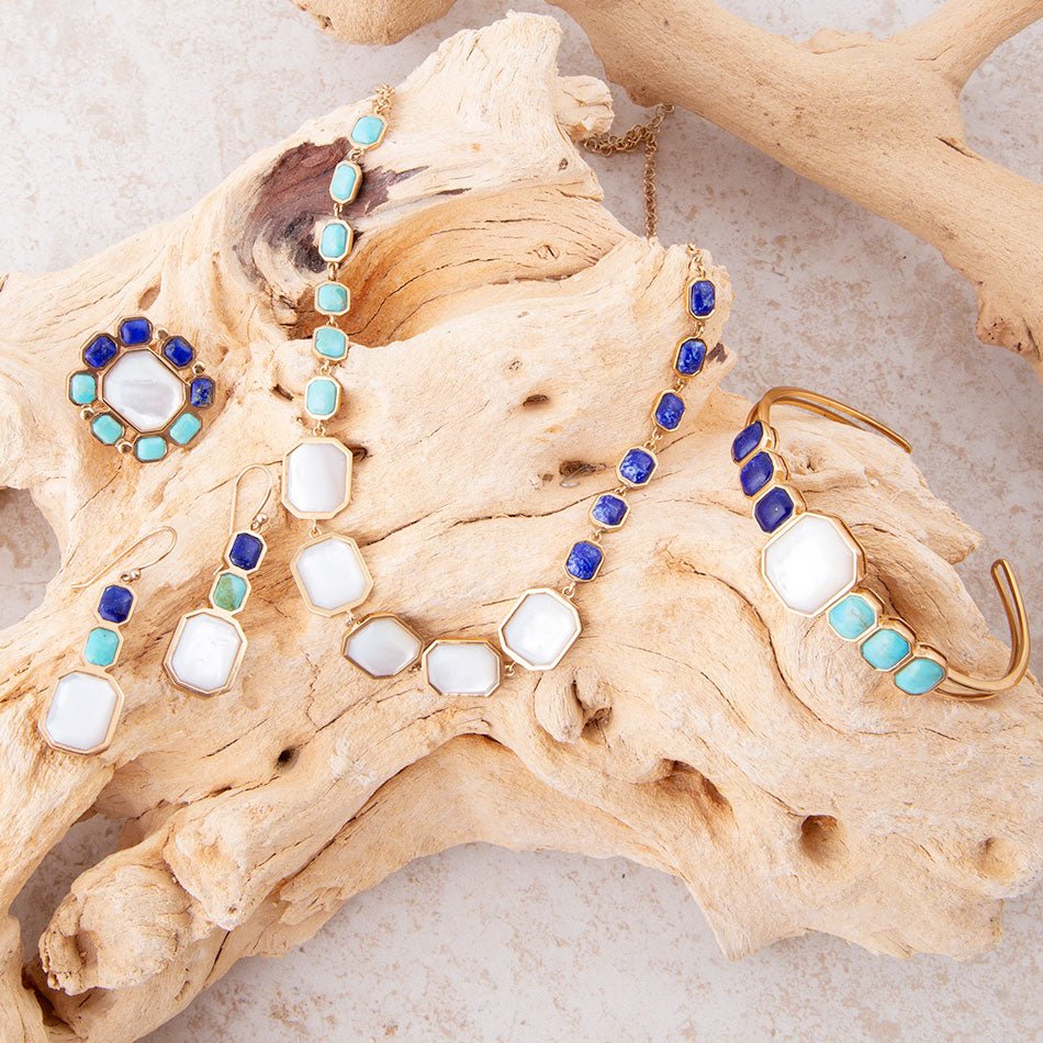 Lapis, turquoise, and mother-of-pearl bronze cuff by Barse Jewelry
