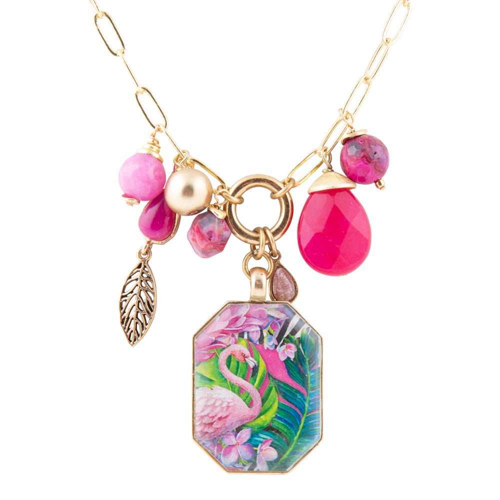 Flamingo Pink Agate Bronze Pendant Necklace