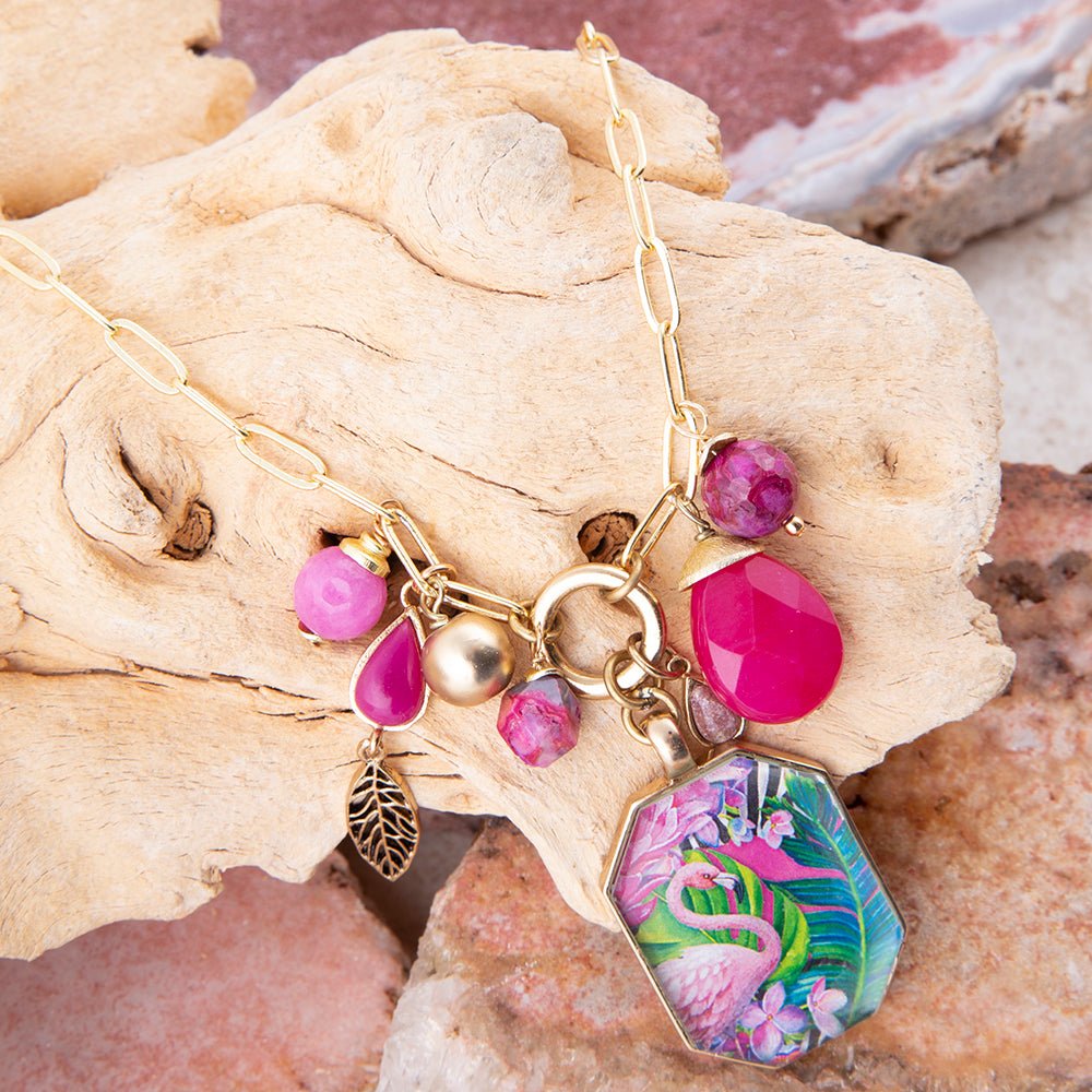 Flamingo Pink Agate Bronze Pendant Necklace