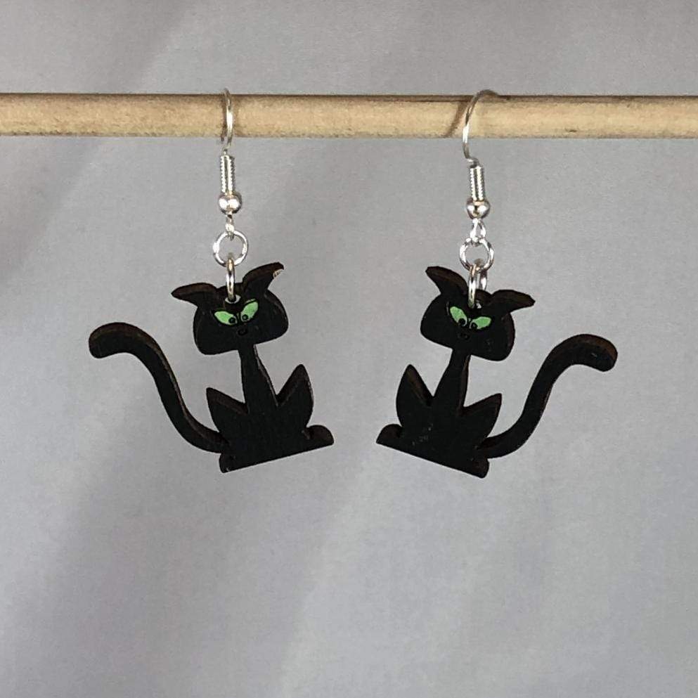 Halloween Black Cat Silhouette Wooden Dangle Earrings