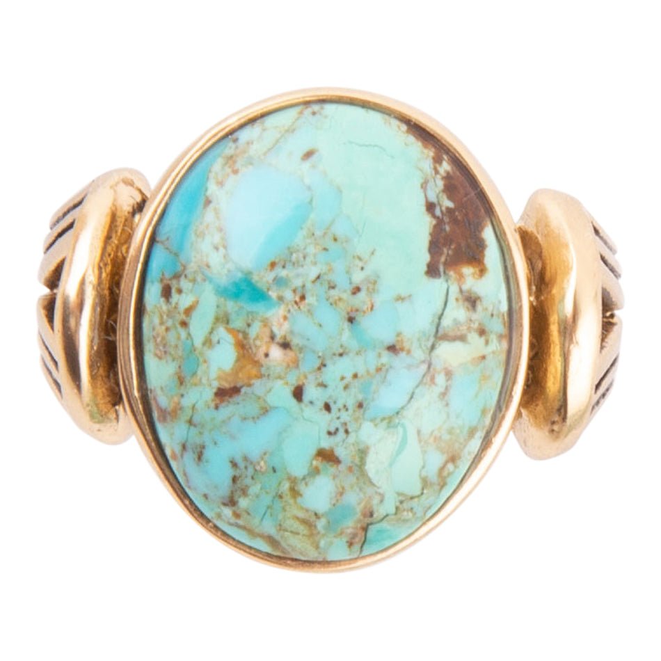 Close-up of the turquoise stone in the Nova bronze ring setting