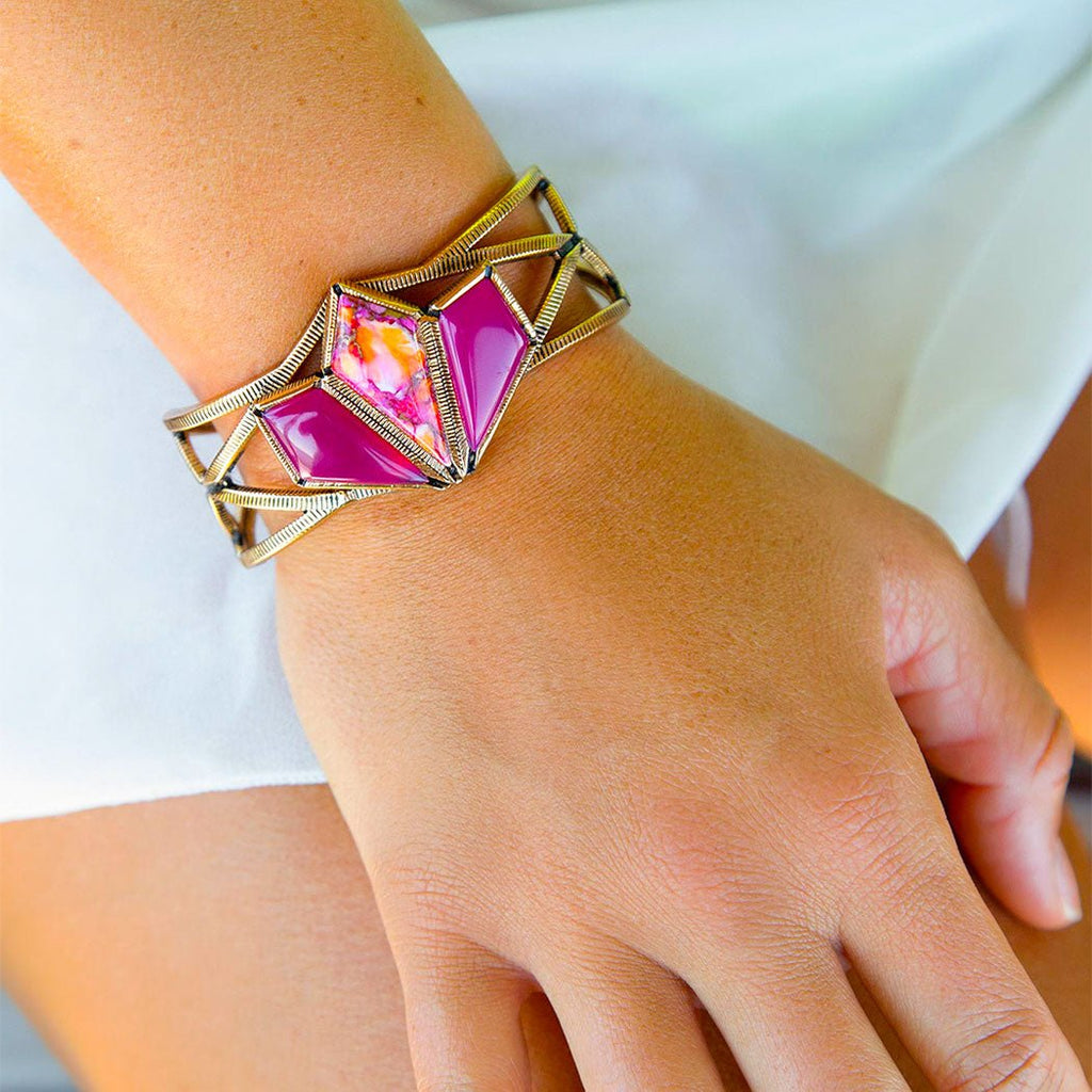 Pink Agate & Shell Matrix Cuff Bracelet