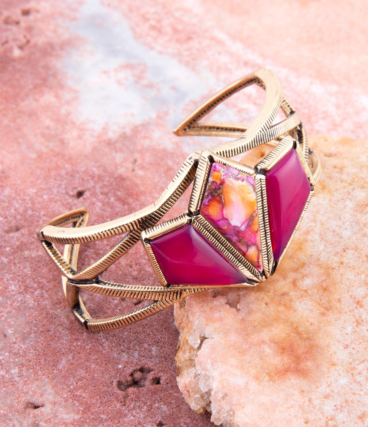 Pink Agate & Shell Matrix Cuff Bracelet