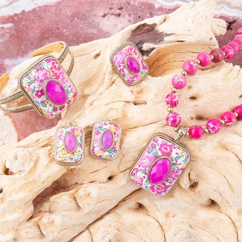 Pink Agate Floral Cuff Bracelet