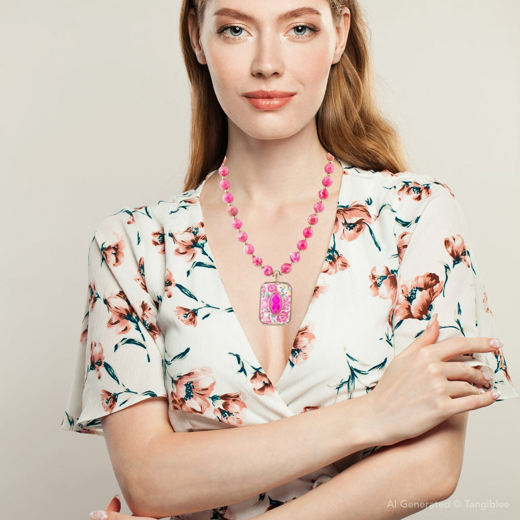 Pink Agate Floral Pendant Necklace