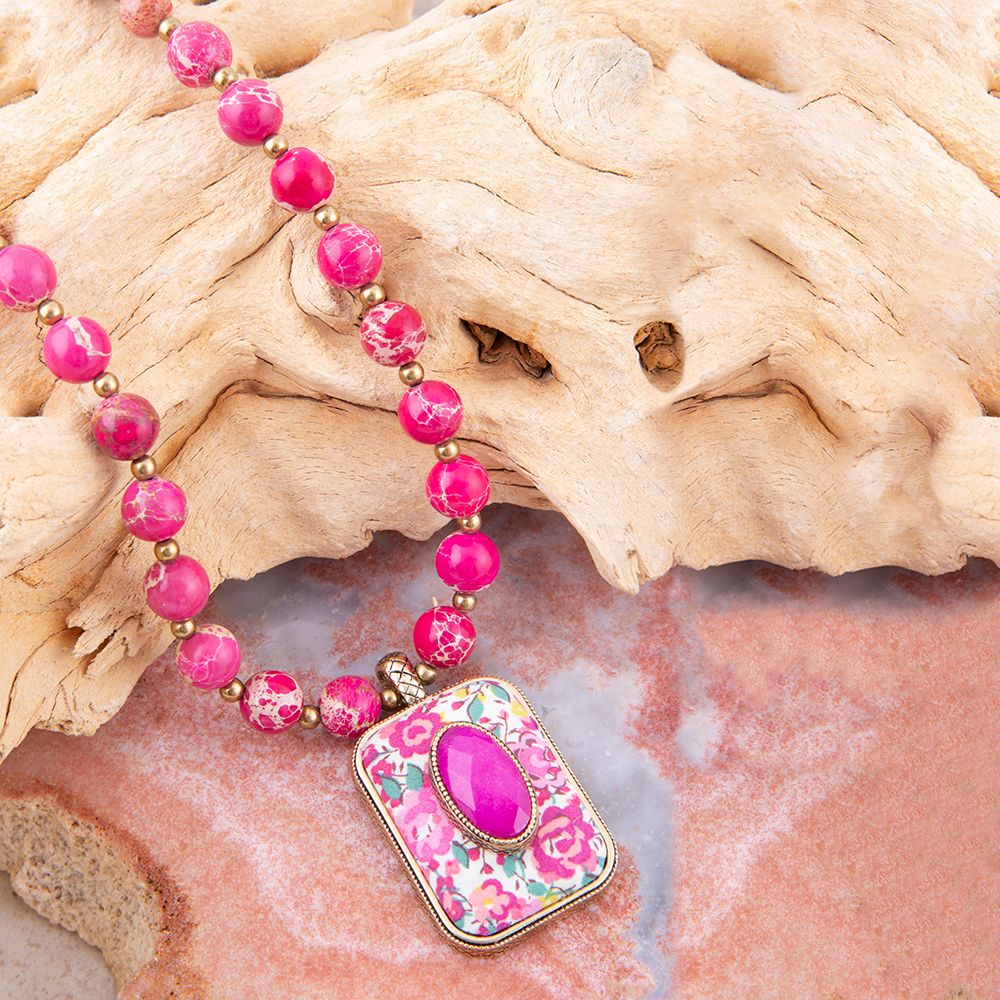 Pink Agate Floral Pendant Necklace