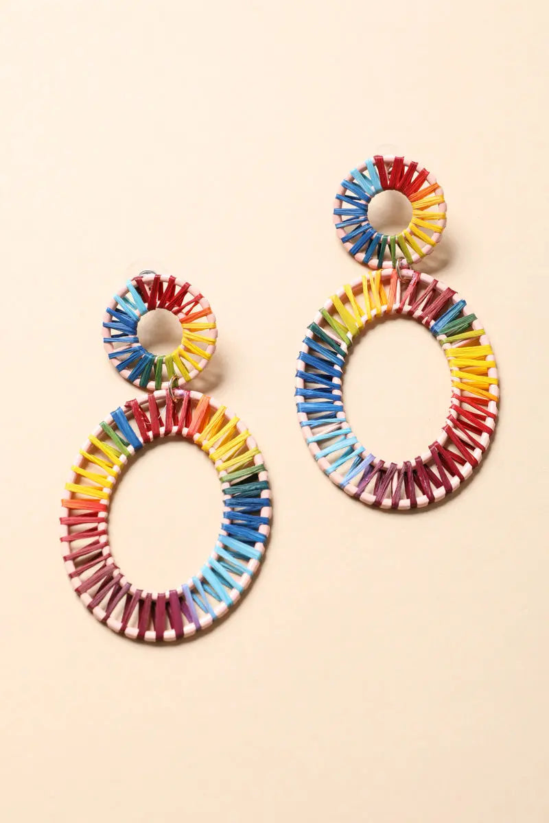Additional product photo of the Rainbow Raffia Hoop Earrings showing the double-hoop raffia design