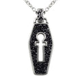 Silver coffin-shaped pendant with black crystal pavé and an open keyhole cutout, on a chain